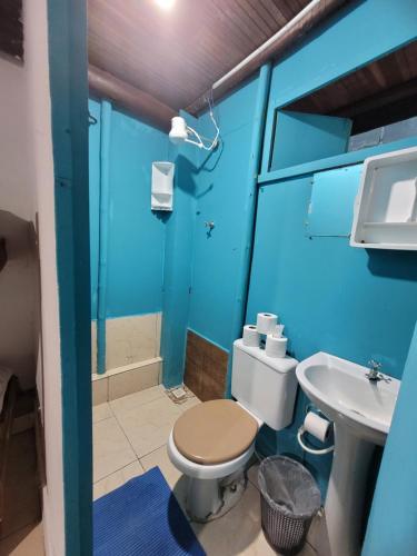 a blue bathroom with a toilet and a sink at Chalé de Trindade in Trindade