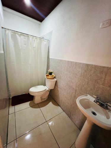 a bathroom with a toilet and a sink at Hotel Posada Casa Real in León