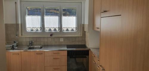 a kitchen with a sink and a window at Ferienwohnung Stützen in Brig