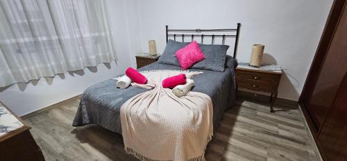 a bedroom with a bed with pink pillows at Casa Rural Ramblizo in Elche de la Sierra