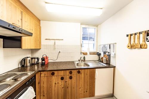 a kitchen with wooden cabinets and a sink at The R Apartment Hemmental in Schaffhausen
