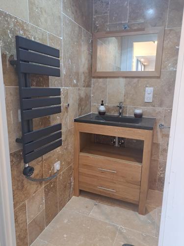 a bathroom with a sink and a mirror at La maison d'à côté in Desingy