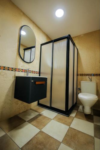 a bathroom with a toilet and a mirror at Özdemir Inn Otel in Balıkesir