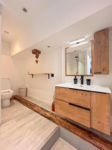 a bathroom with a sink and a toilet at Cocon sous les toits in Albertville