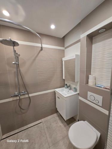 a bathroom with a shower and a toilet and a sink at Diljanka 4 in Pernik