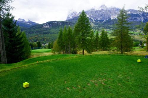 a green golf course with mountains in the background at Hotel Pontechiesa in Cortina dʼAmpezzo