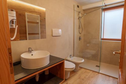 a bathroom with a sink and a toilet and a shower at Appartamenti Chalet Canedi in Peio