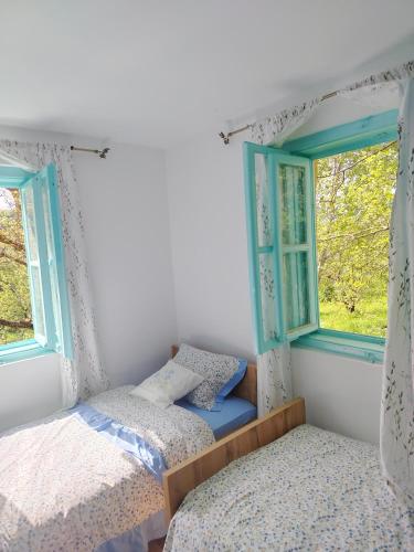 two beds in a room with two windows at Šumarac in Karadak