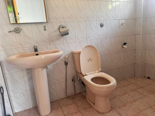 a bathroom with a toilet and a sink at Chamila's place in Nikawatawana