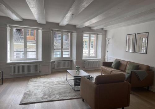 un soggiorno con un divano e un tavolo di The R Apartment Bodensee - Old Town a Schaffhausen