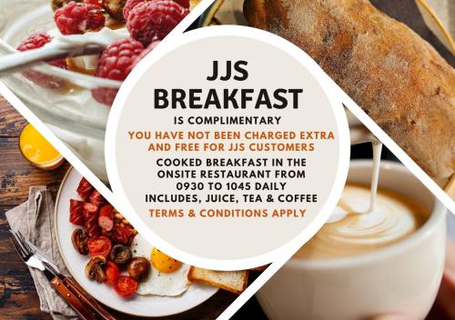 Een flyer voor een Amerikaans ontbijt is gratis. U bent niet beschadigd. Afrika bij JJs Lodge Azalea in York