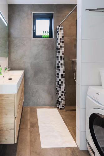 a bathroom with a sink and a washing machine at Luxe wellness woning met prive buitensauna in Ermelo