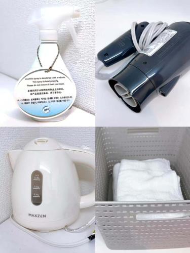 four different pictures of a box with a blender at クオリティハイツ101号室 in Tokyo