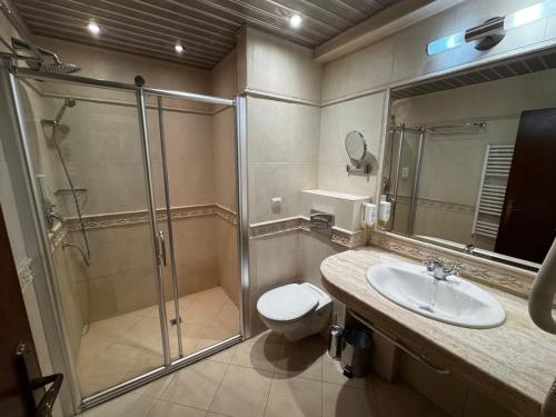 een badkamer met een douche, een toilet en een wastafel bij Efir in Stara Zagora