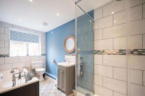 a bathroom with a shower and a toilet and a sink at 1 Lavender Cottages, Knodishall in Saxmundham