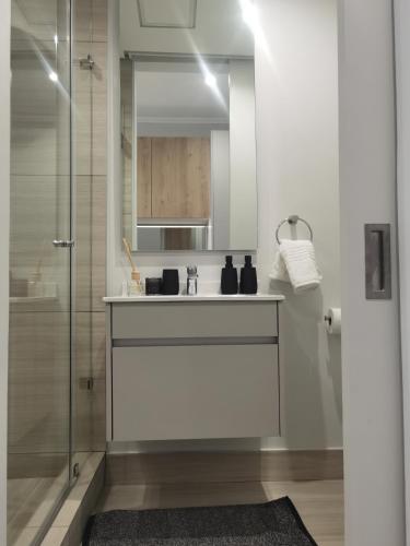 a bathroom with a sink and a shower at Ellipse Luxurious Tamarind Red Studio Experience in Midrand