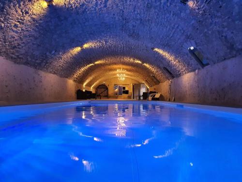 an indoor swimming pool with blue water in a tunnel at Gîte de l'orangerie du château de Jallanges- 11 personnes in Vernou-sur-Brenne