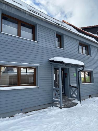 szary budynek z drzwiami w śniegu w obiekcie Ferienwohnung Am Graben w mieście Hasselfelde