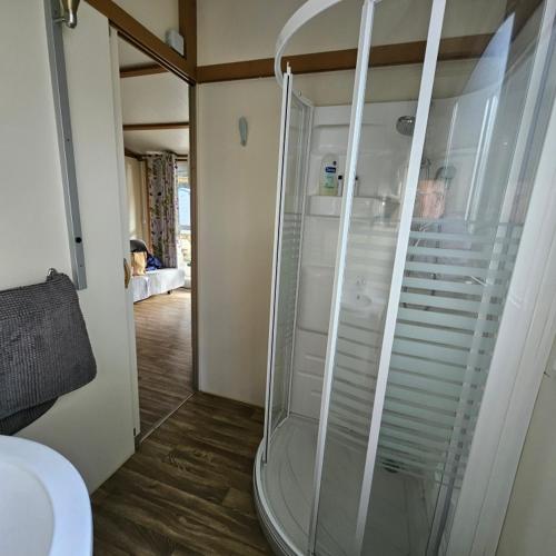 a glass shower in a bathroom with a toilet at Chalet KABANA in Saint-Hilaire-de-Riez