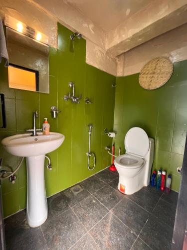 a green bathroom with a toilet and a sink at Sunny Side Up top-floor apartment in Kathmandu