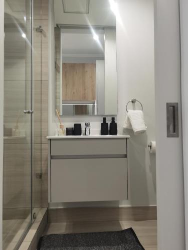 a bathroom with a sink and a shower at Ellipse Luxurious Tamarind Green Studio Experience in Midrand