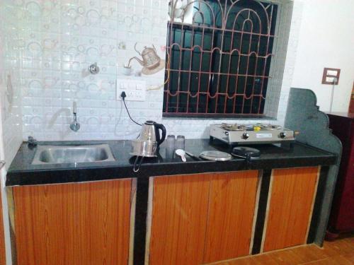 een keuken met een spoelbak en een fornuis bij Nhanji House in Arambol