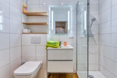 een badkamer met een douche, een toilet en een wastafel bij Alte Teestube in Norderney