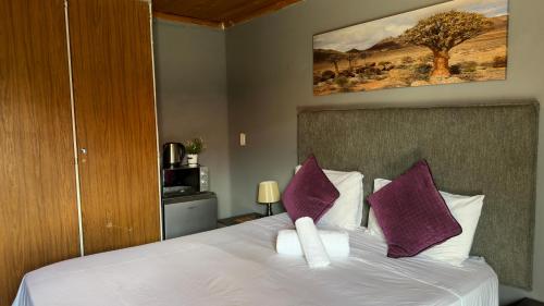 a bedroom with a bed with purple and white pillows at K K K Guesthouse in Secunda