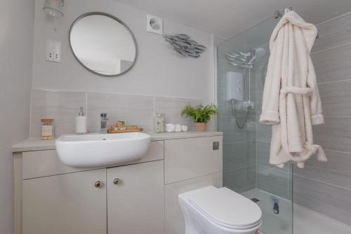 a bathroom with a sink and a toilet and a mirror at Olive Cottage in Swanage