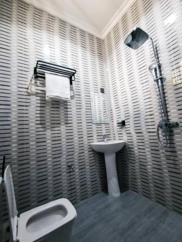 a bathroom with a toilet and a sink and a shower at Serengeti space resort in Bunda