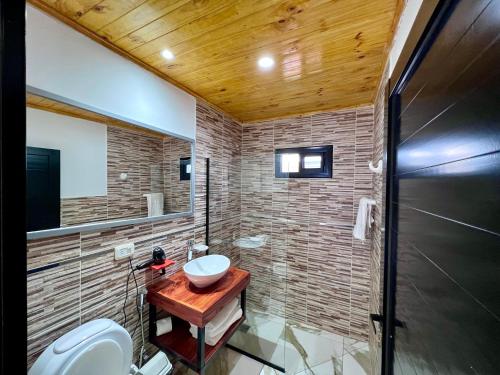 a bathroom with a sink and a toilet at Cabañas Rincón Andaluz in Puerto Iguazú