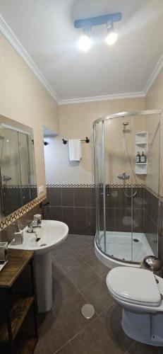 a bathroom with a shower and a sink and a toilet at La vagoneta in Cala