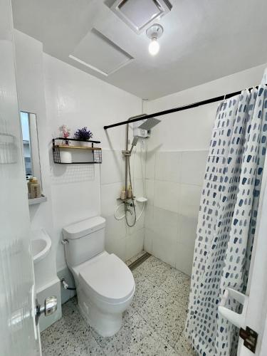 ein weißes Badezimmer mit Toilette und Dusche in der Unterkunft Primari Haven in Bantinguil