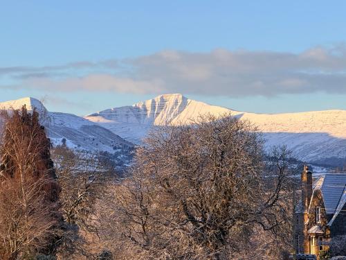 a snow covered mountain in the distance with trees at Mountain Suite, Stunning Views, Brecon Beacons in Llanhamlach
