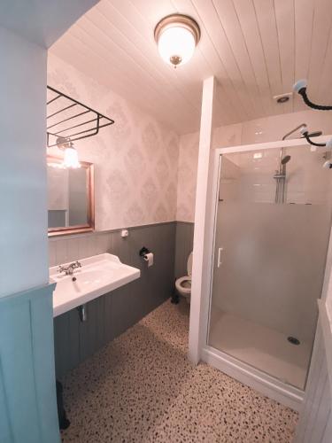 a bathroom with a shower and a sink and a toilet at Les Meules in Saint-Basile