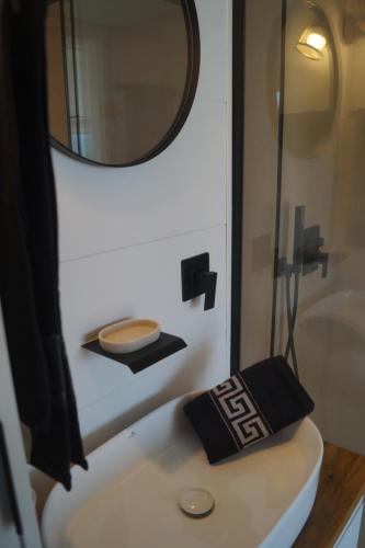 a bathroom with a sink with a mirror and a shower at Tiny House Auszeit in Nabegg