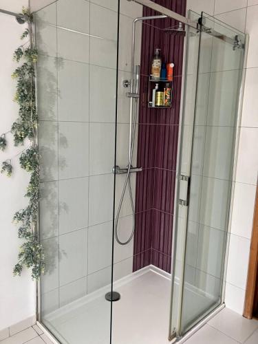 a shower with a glass door in a bathroom at La Pause Normande - Bed & Breakfast in Bayeux