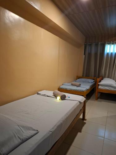 two twin beds in a room with a window at Queenbee's Place in Tagum