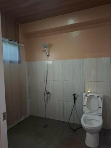 a bathroom with a toilet and a shower at Queenbee's Place in Tagum