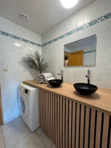 a bathroom with a sink and a washing machine at Gîte Baytso in Auge