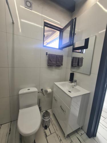 a bathroom with a toilet and a sink and a window at The House in Corbi