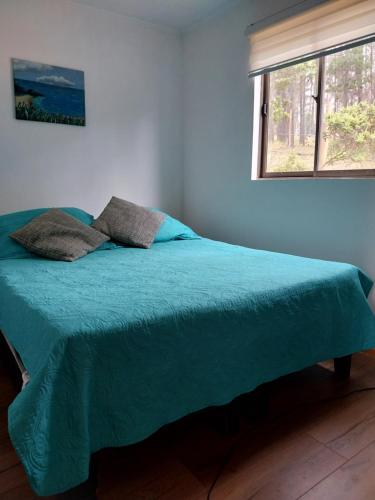 a bedroom with a bed with a blue blanket and a window at Cabañas El Oasis Laguna Verde in Laguna Verde