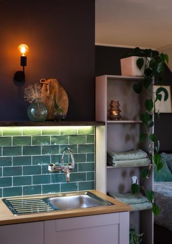 a kitchen with a sink and a green tiled wall at Complete studio de Stopplaats dichtbij Hoorn en Alkmaar in Zuidermeer