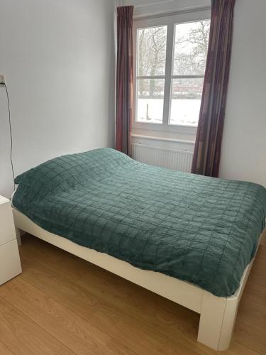 a bedroom with a bed with a green comforter at Vakantiewoning Het leeft in je in Hengelo