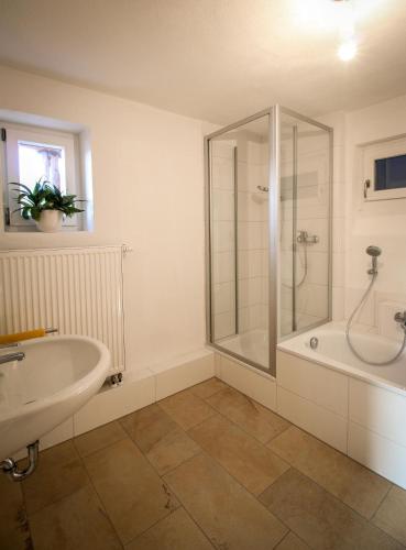 a bathroom with a shower and a tub and a sink at HäuslmaierS Urlaubswohnung in Siegsdorf