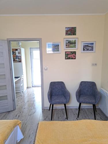 twee stoelen in een kamer met een spiegel bij Dolina Miodu - Kaszuby, Sauna, Gorąca Balia in Borowina