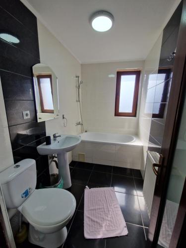 a bathroom with a toilet and a tub and a sink at Pensiunea Dara in Râşnov