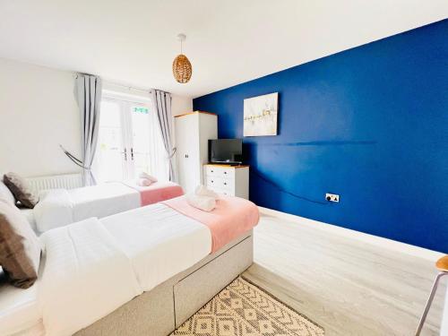 two beds in a room with a blue wall at TANZANITE - Ground Floor 2BR apart, Pet friendly in Cambridge