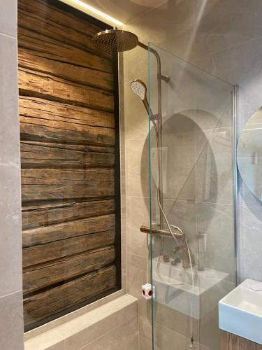 a bathroom with a glass shower with a sink at Apartment at NerSalberg Farm in Røra, Inderøy in Røra