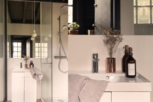 a bathroom with a sink and a shower at Neska Lodge in Saint-Rémy-lʼHonoré